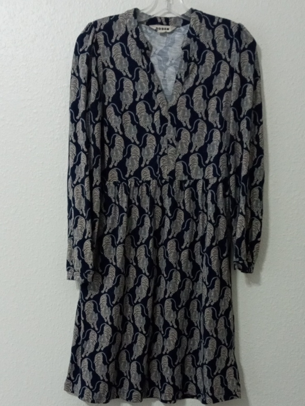 Boden Navy and Cream Long-Sleeve V-Neck Printed Dress
